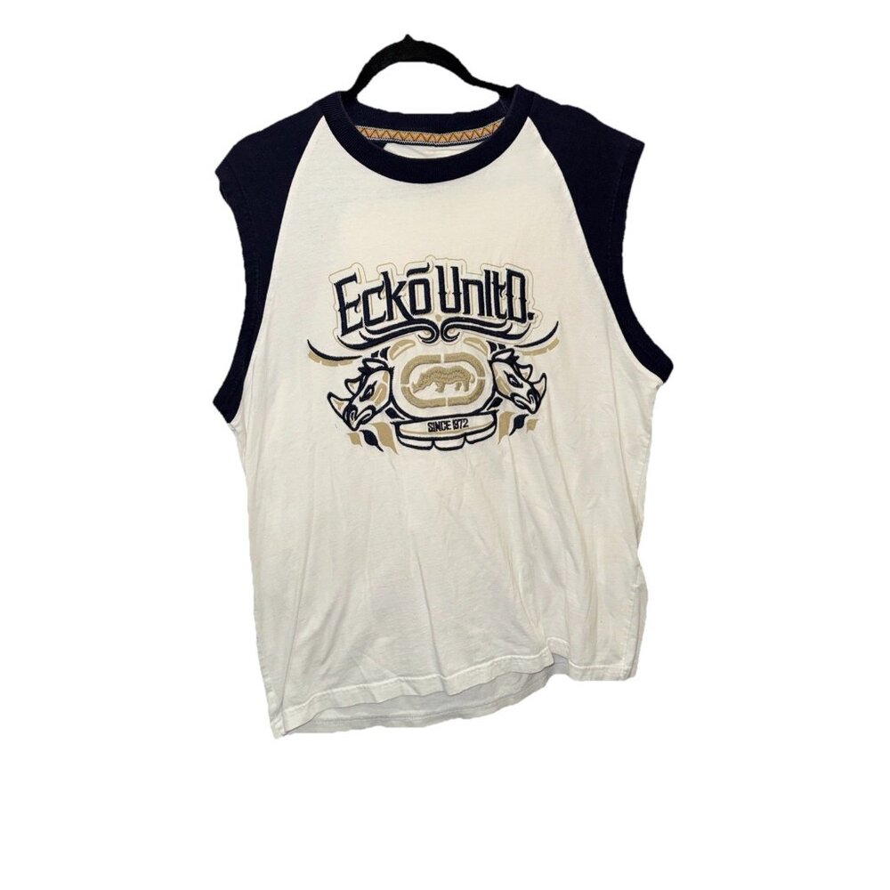 Ecko Unltd Graphic Jersey T-Shirt Men’s XL White Blue Y2K Streetwear Tee Cotton